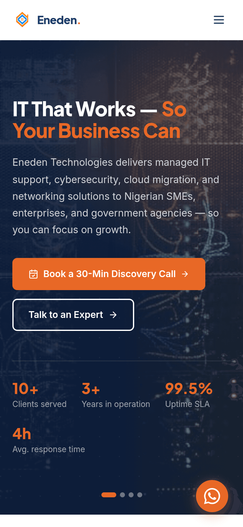 Mobile screenshot of the Eneden Technologies home page