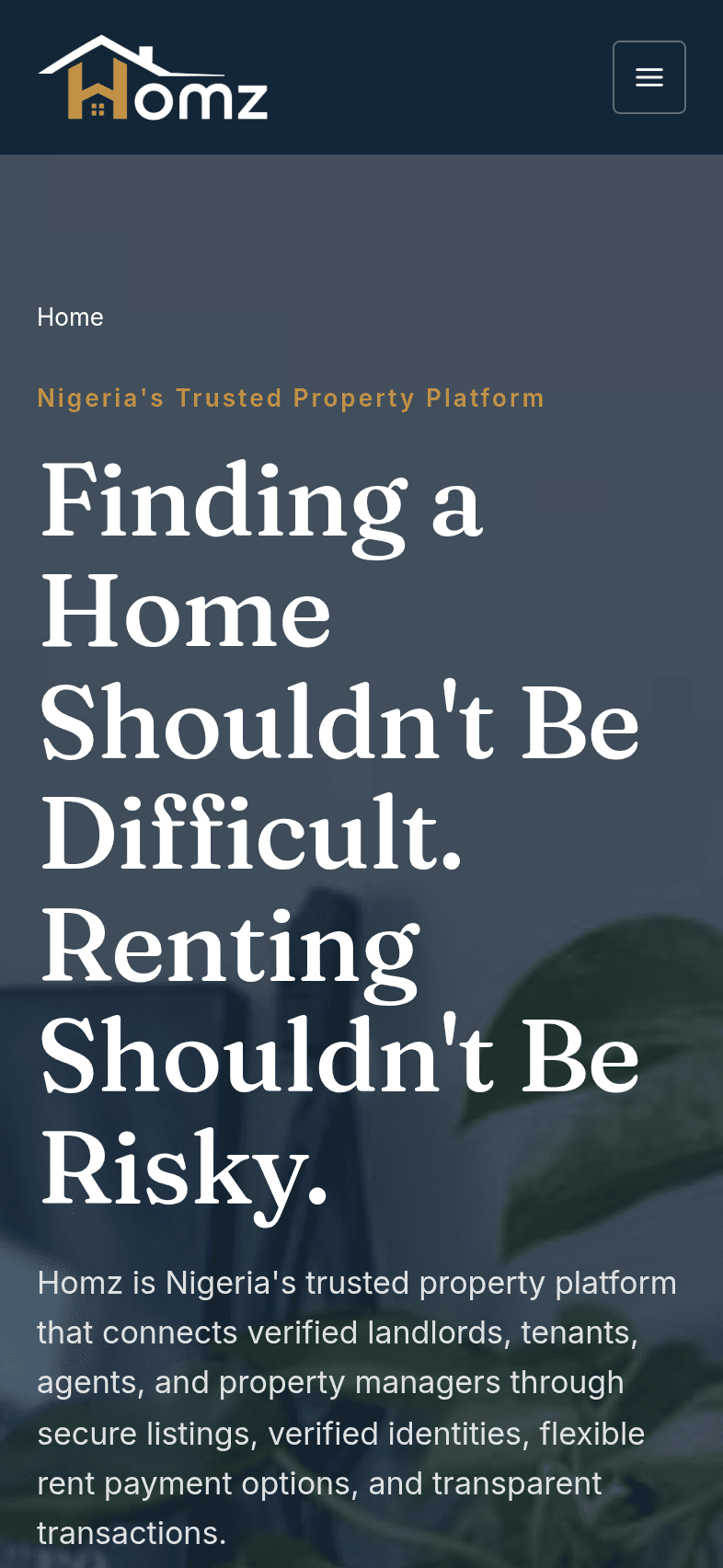 Mobile screenshot of the Homz home page